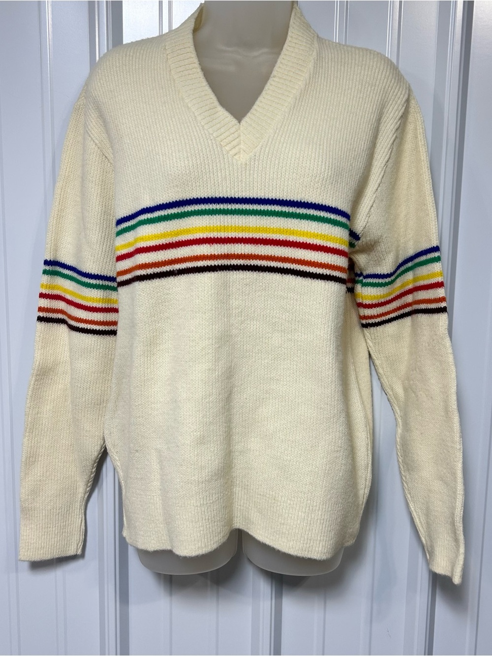 Vintage Montgomery Ward V-neck Sweater Retro Rainbow Stripes Ribbed Knit 80s/90s
